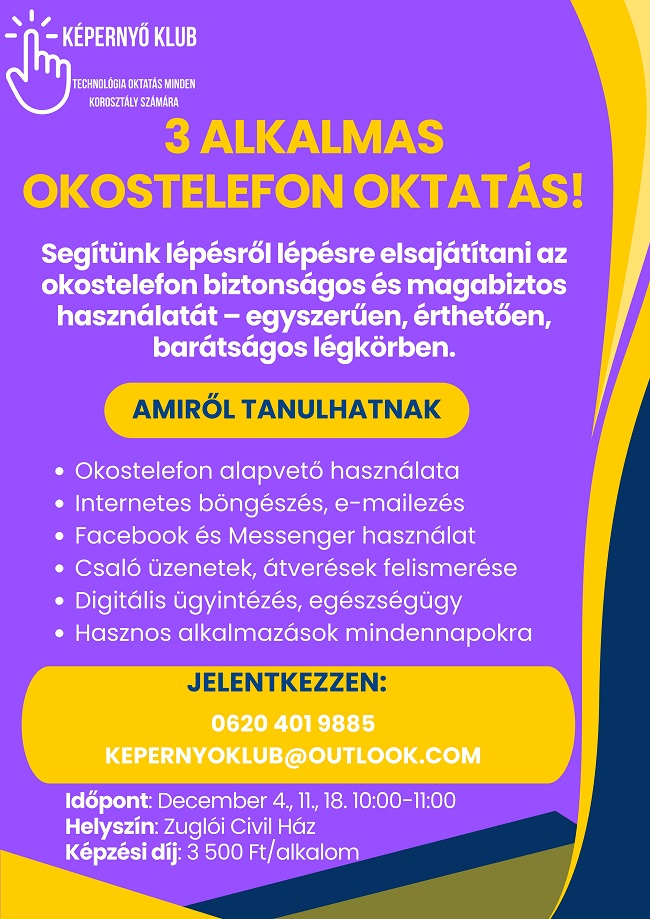 KÉPERNYŐ KLUB - 3 alkalmas okostelefon oktatás!